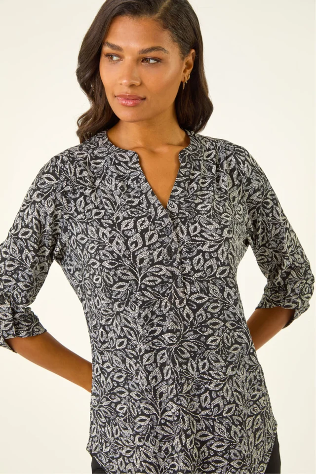 Roman Black Leaf Print V-Neck Stretch Top