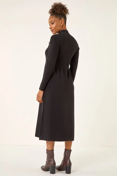 Roman Black Ribbed Knit High Neck Midi Dress - 20 Image 3