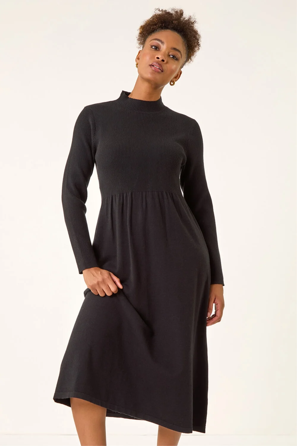 Roman Black Ribbed Knit High Neck Midi Dress - 20 Image 1