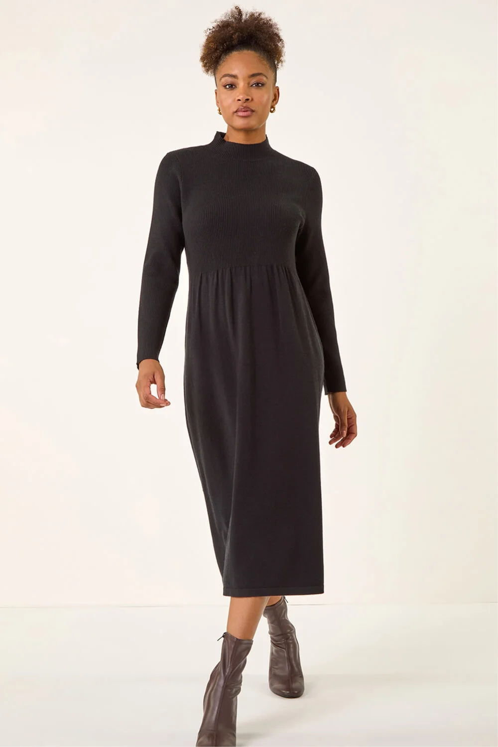 Roman Black Ribbed Knit High Neck Midi Dress - 20 Image 2
