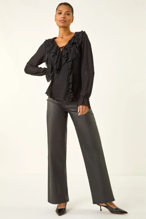 Roman Black Lace Ruffle Front Top - Size 20 Image 2