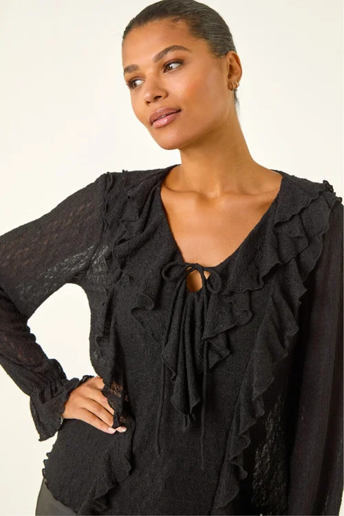Roman Black Lace Ruffle Front Top - Size 20 Image 1