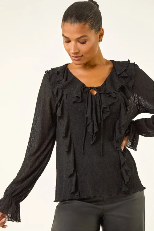 Roman Black Lace Ruffle Front Top - Size 20 Image 4