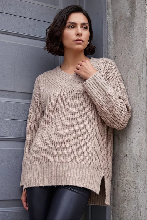 Roman Beige Chunky V-Neck Knit Jumper - 16 Image 1