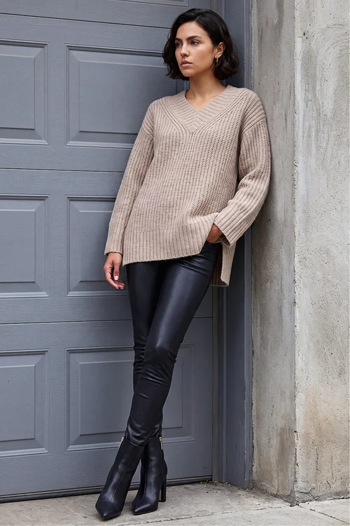 Roman Beige Chunky V-Neck Knit Jumper - 16 Image 3