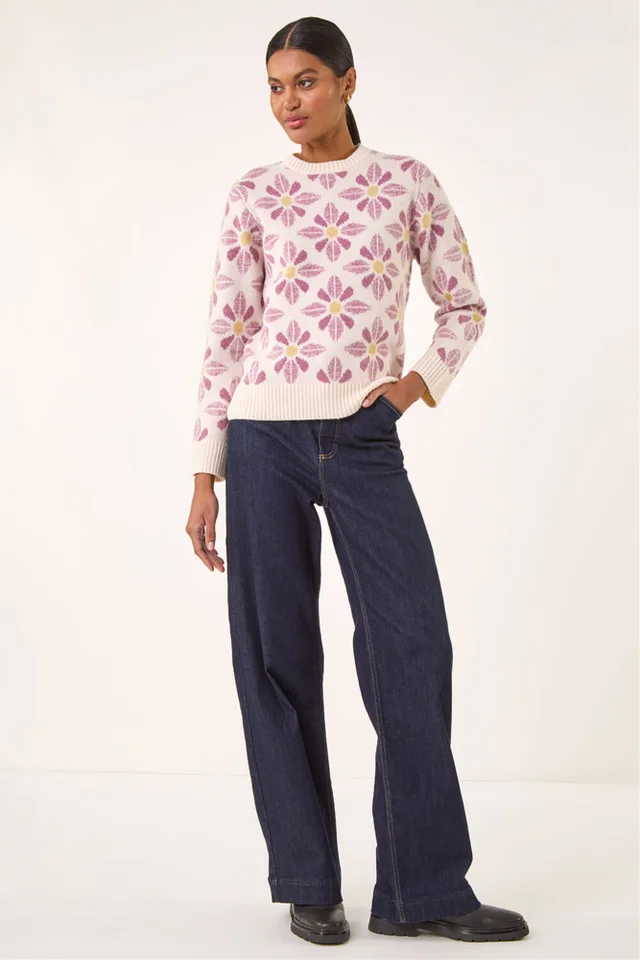 Roman Ivory Floral Crew Neck Knit Jumper