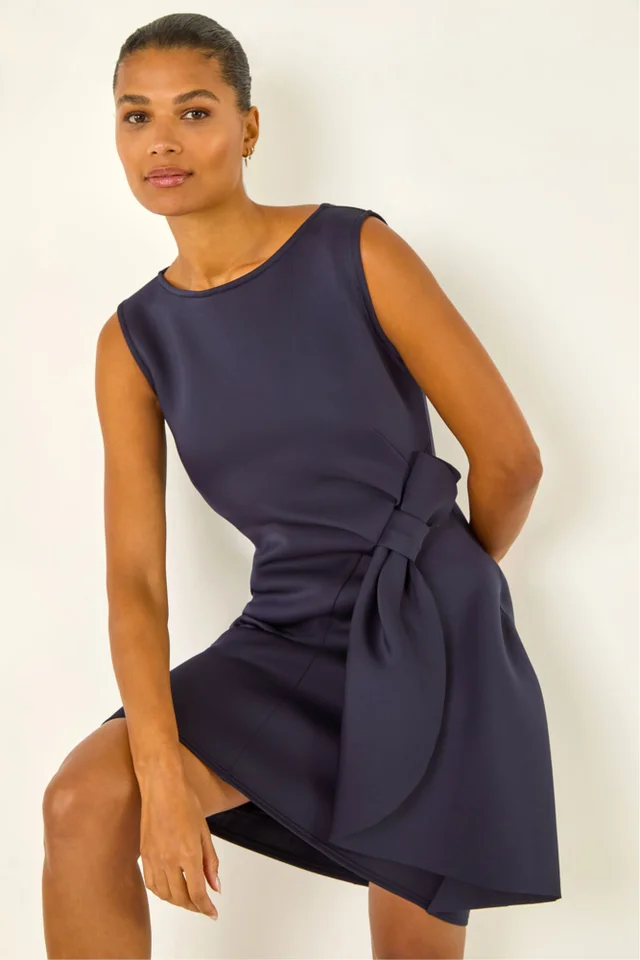 Roman Navy Tie Waist Premium Stretch Dress