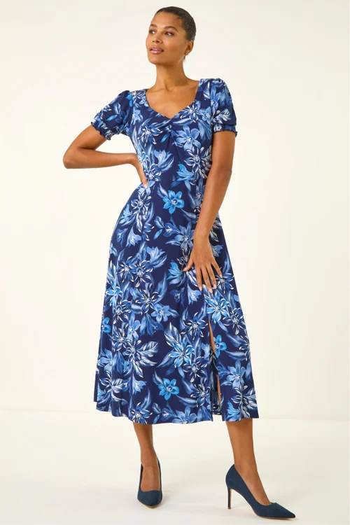 Roman Blue Floral Print Ruched Stretch Midi Dress - 10 Image 2