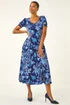 Roman Blue Floral Print Ruched Stretch Midi Dress - 10 Image 2