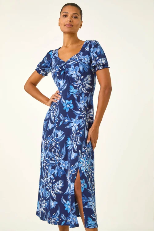 Roman Blue Floral Print Ruched Stretch Midi Dress - 10 Image 4