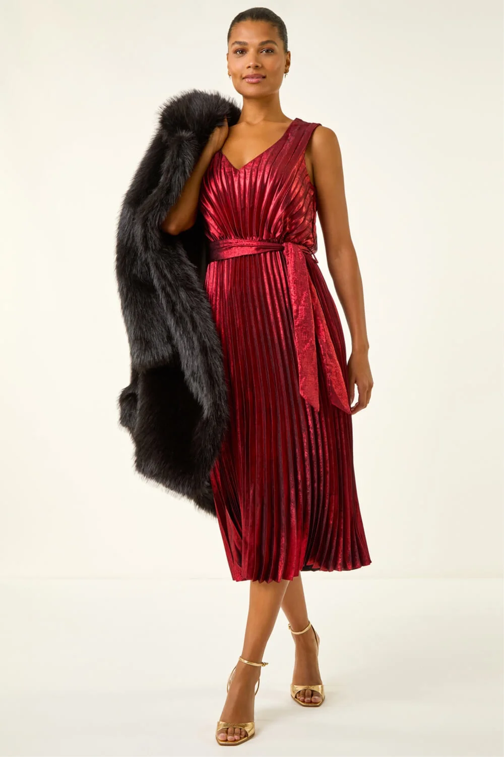 Roman Red Metallic Pleat Belted Midi Dress - Size 10 Image 2