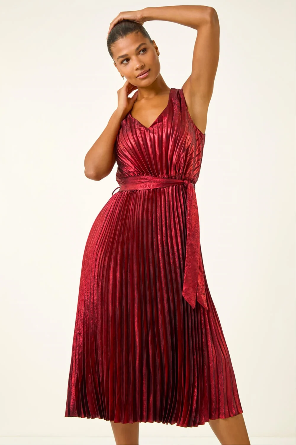 Roman Red Metallic Pleat Belted Midi Dress - Size 10 Image 4