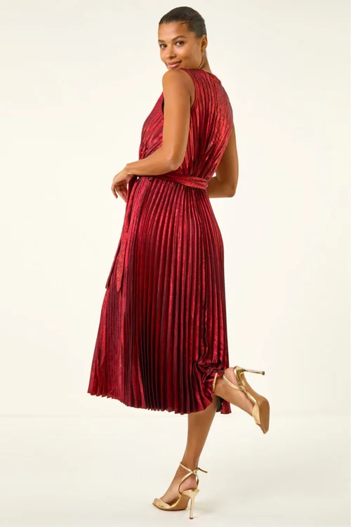 Roman Red Metallic Pleat Belted Midi Dress - Size 10 Image 3