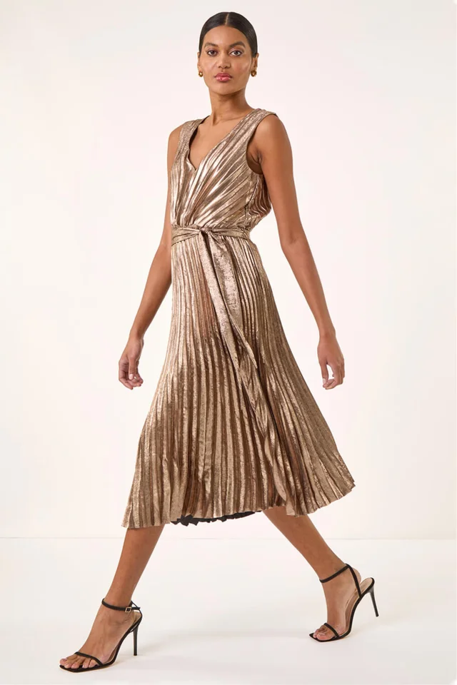 Roman Gold Metallic Pleat Belted Midi Dress