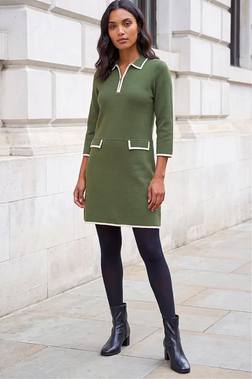 Roman Khaki Contrast Zip Collared Knit Dress - 18 Image 2