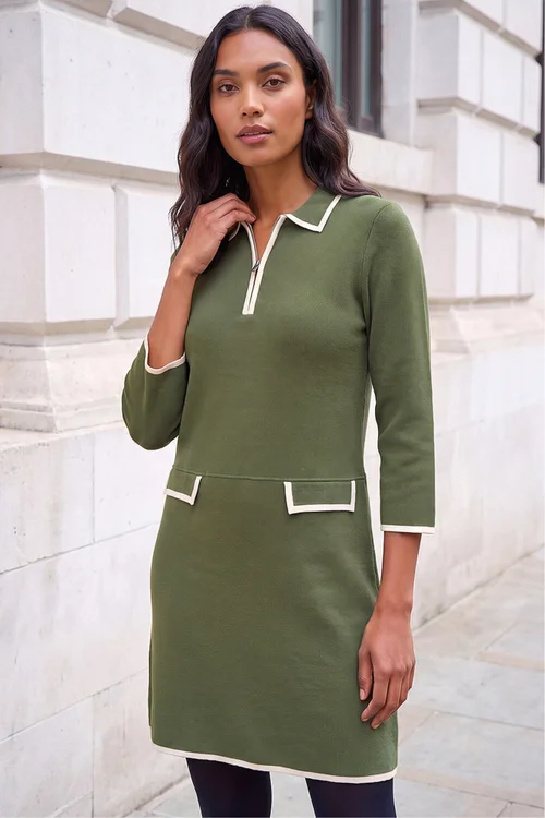 Roman Khaki Contrast Zip Collared Knit Dress - 18 Image 1