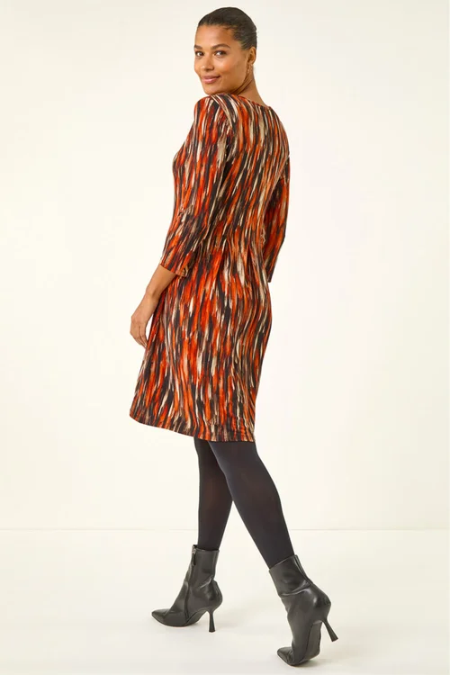 Roman Orange Abstract Print Panel Stretch Dress - 10 Image 3