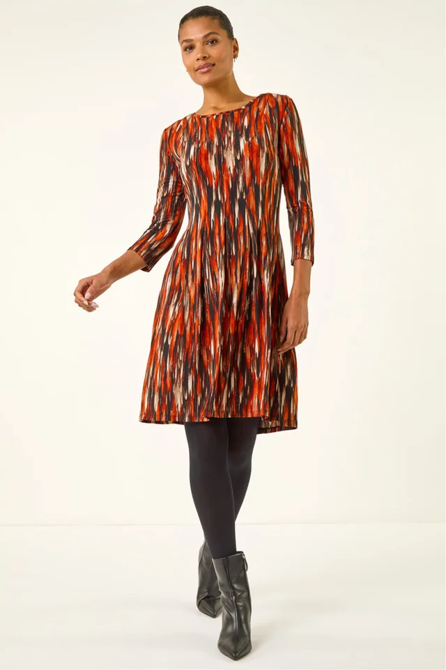 Roman Orange Abstract Print Panel Stretch Dress
