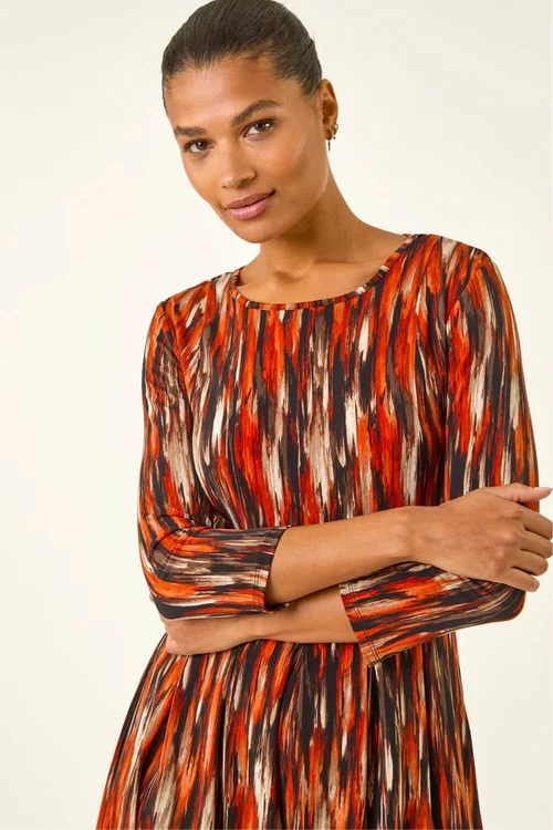 Roman Orange Abstract Print Panel Stretch Dress - 10 Image 4