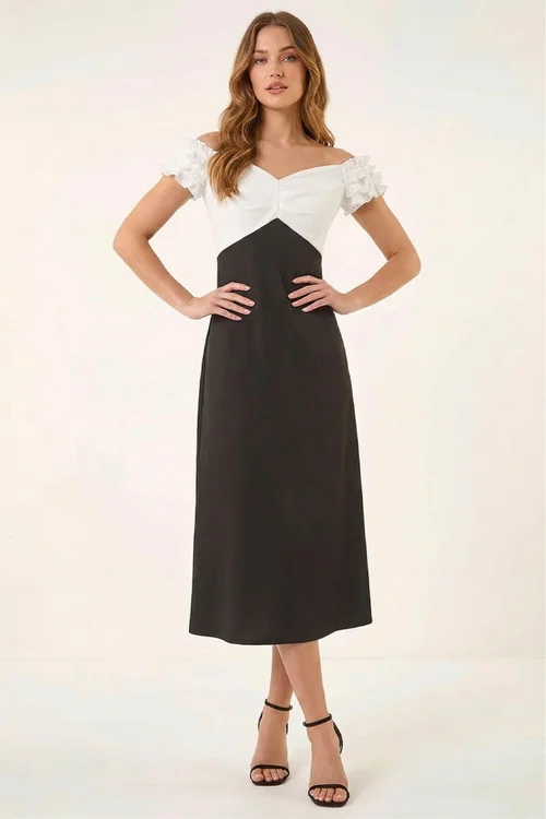 Roman Black Frill Contrast Bardot Dress - 18 Image 2