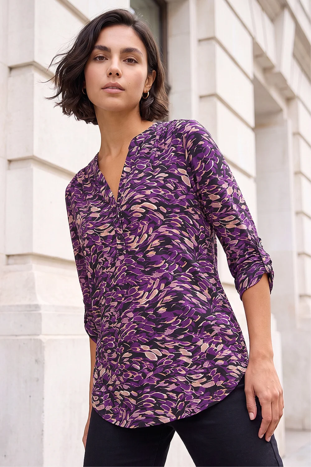 Roman Purple Abstract Print V-Neck Stretch Shirt - 16 Image 1