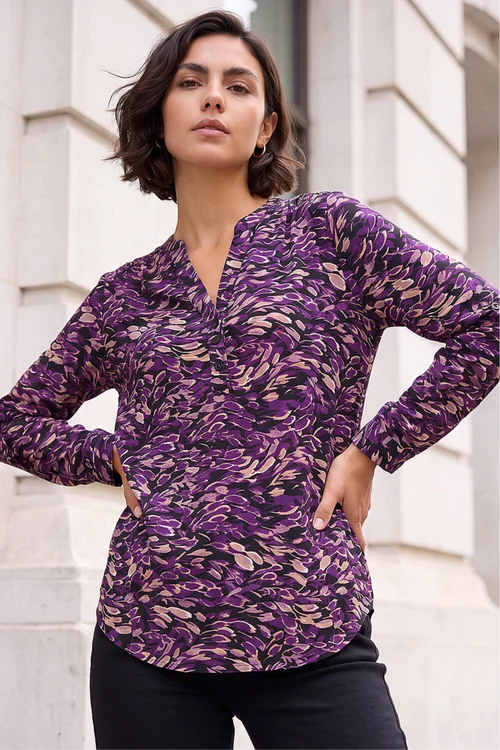 Roman Purple Abstract Print V-Neck Stretch Shirt - 16 Image 2