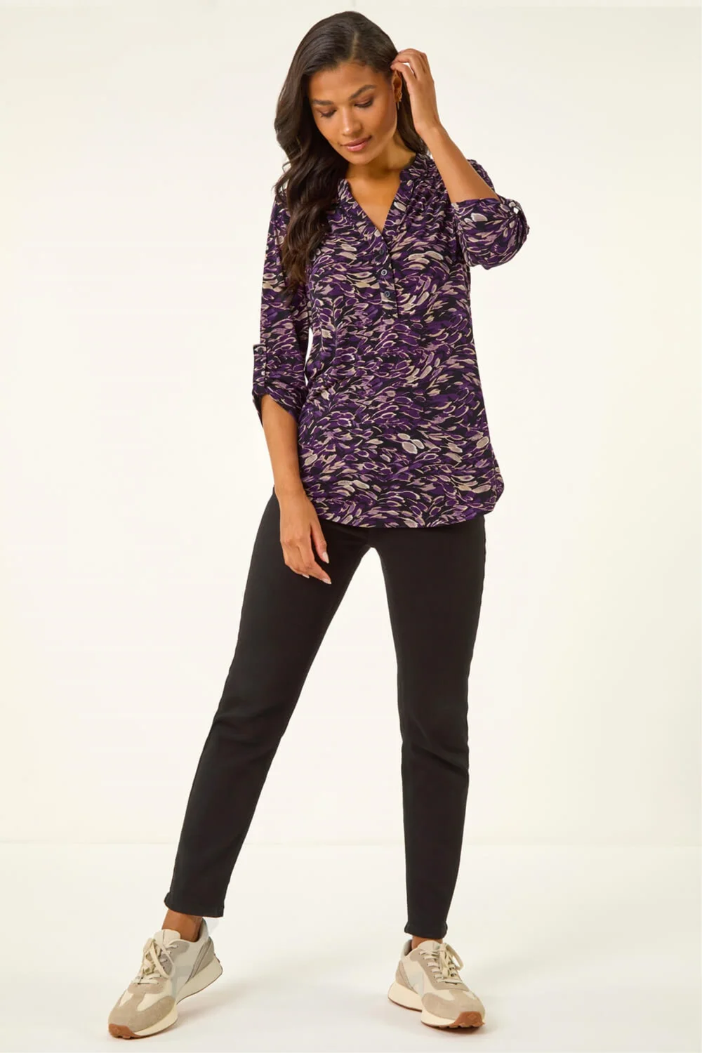 Roman Purple Abstract Print V-Neck Stretch Shirt - Size 16 Image 2