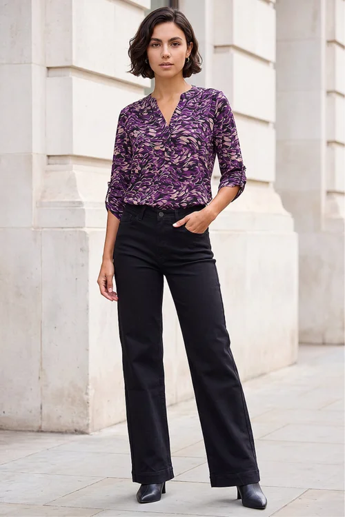 Roman Purple Abstract Print V-Neck Stretch Shirt - 16 Image 3