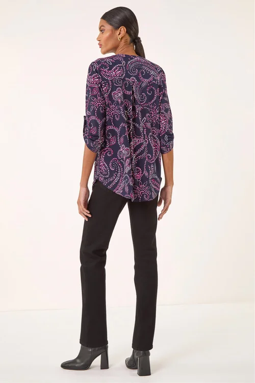 Roman Navy Leaf Puff Print Stretch Shirt - Size 10 Image 3