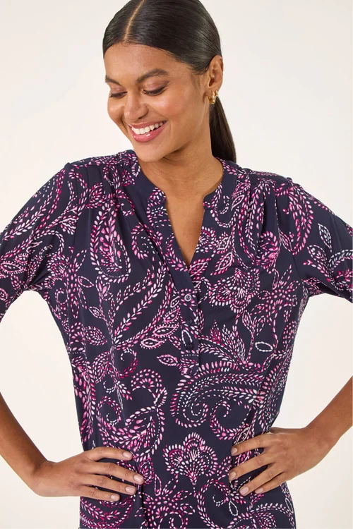 Roman Navy Leaf Puff Print Stretch Shirt - Size 10 Image 1