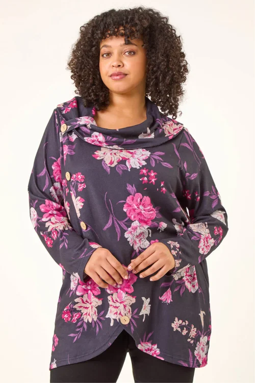 Roman Pink Curve Floral Print Cowl Stretch Top - Size 26-28 Image 4