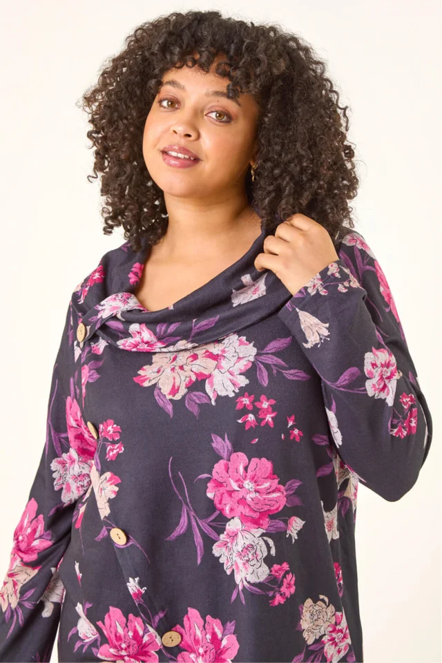 Roman Pink Curve Floral Print Cowl Stretch Top