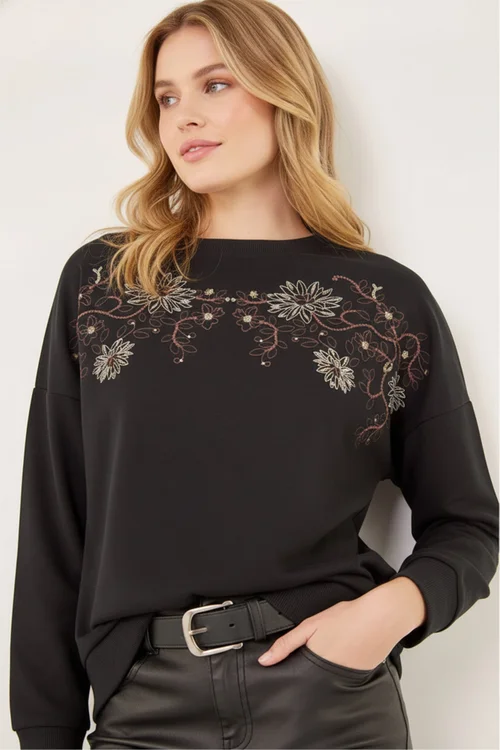 Roman Black Floral Embroidered Stretch Top - Size 16 Image 3