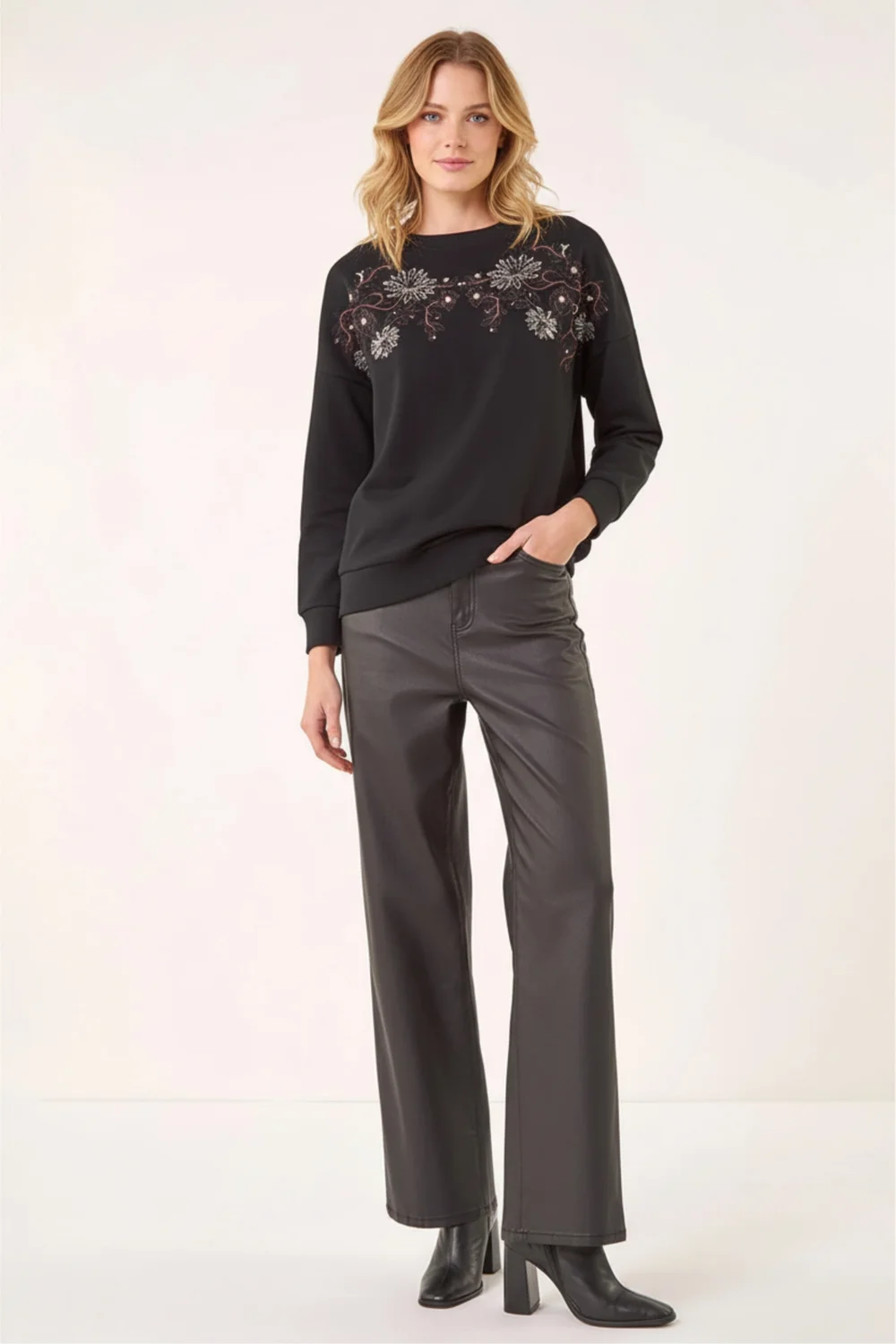 Roman Black Floral Embroidered Stretch Top - Size 16 Image 2
