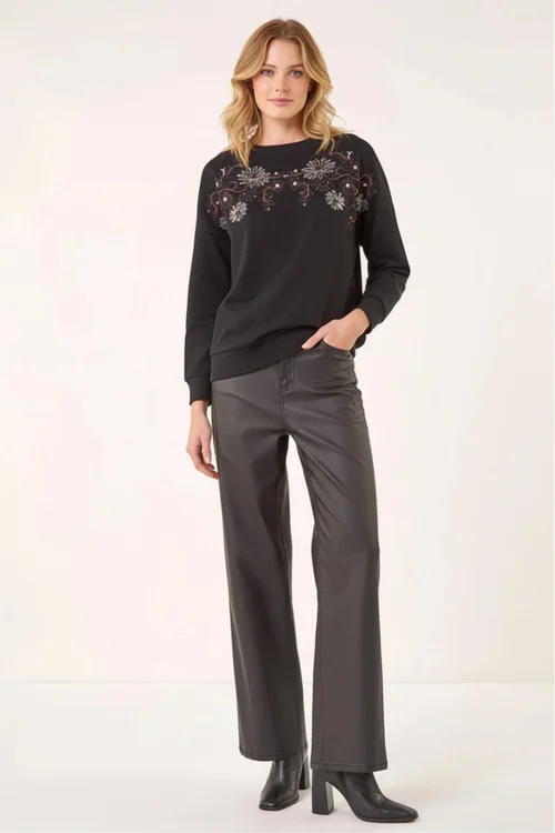 Roman Black Floral Embroidered Stretch Top - Size 16 Image 2