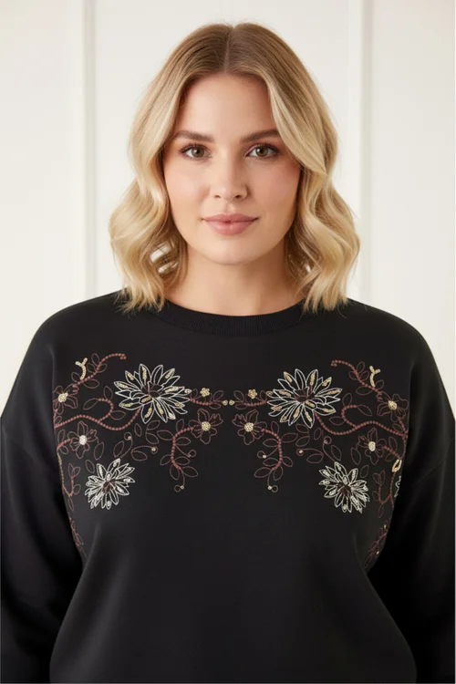 Roman Black Floral Embroidered Stretch Top - Size 16 Image 4