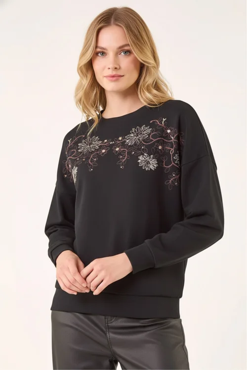 Roman Black Floral Embroidered Stretch Top - Size 16 Image 1