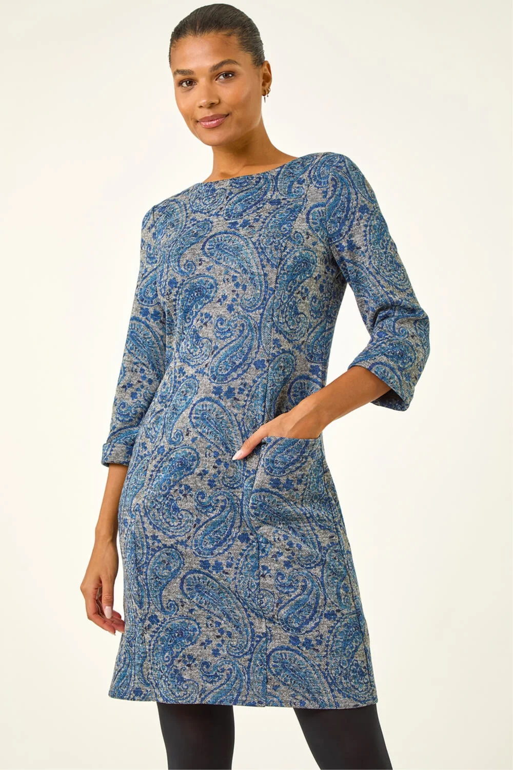 Roman Blue Paisley Print Pocket Shift Stretch Dress - Size 14 Image 2