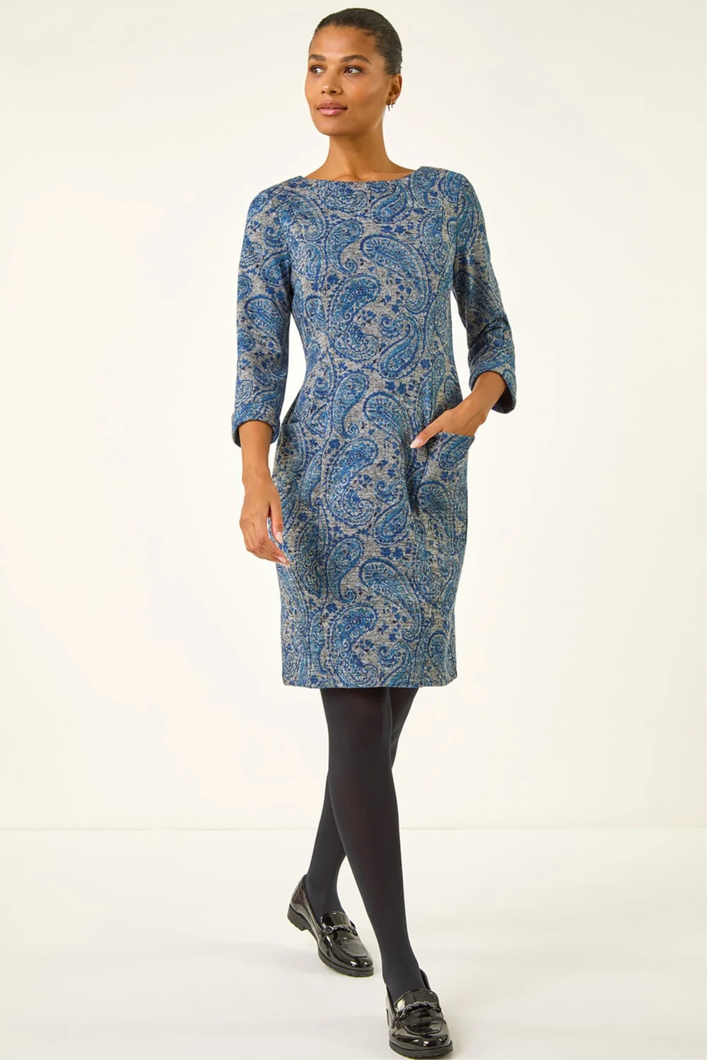 Roman Blue Paisley Print Pocket Shift Stretch Dress - Size 14 Image 1