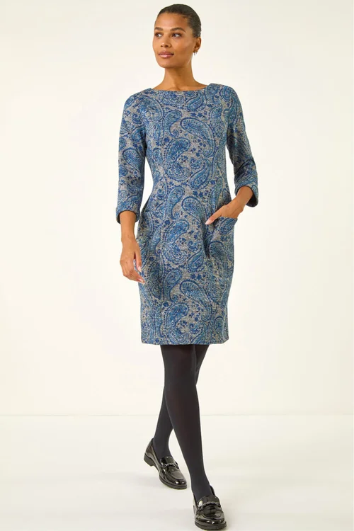 Roman Blue Paisley Print Pocket Shift Stretch Dress - Size 14 Image 1