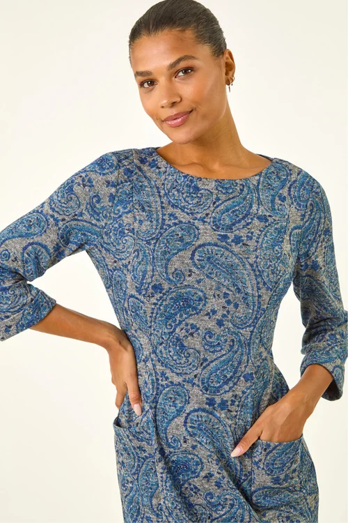 Roman Blue Paisley Print Pocket Shift Stretch Dress - Size 14 Image 4