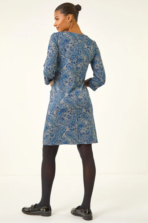 Roman Blue Paisley Print Pocket Shift Stretch Dress - Size 14 Image 3