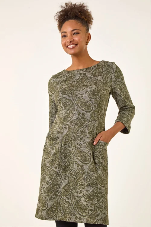 Roman Olive Paisley Print Pocket Shift Stretch Dress - Size 10 Image 2