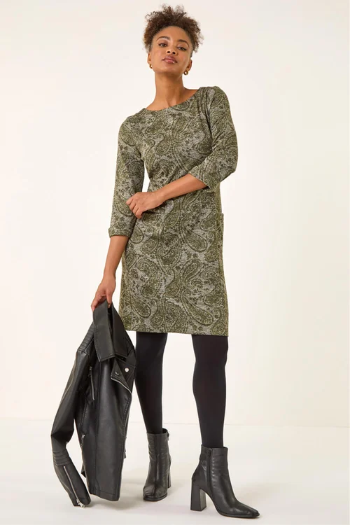Roman Olive Paisley Print Pocket Shift Stretch Dress - Size 10 Image 1