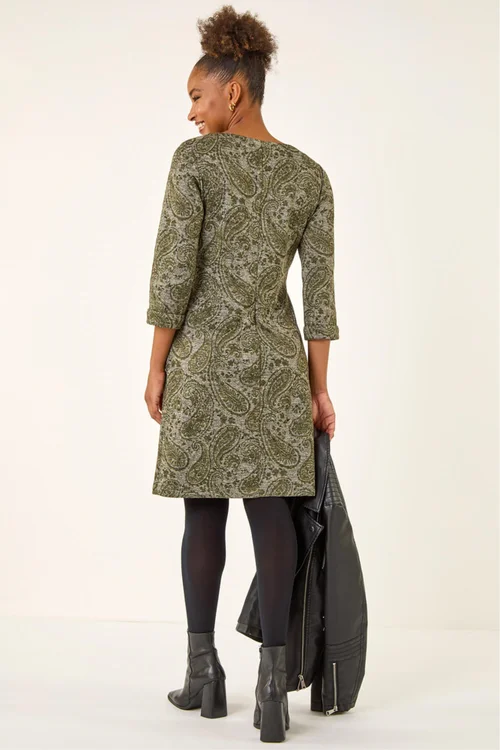 Roman Olive Paisley Print Pocket Shift Stretch Dress - Size 10 Image 3