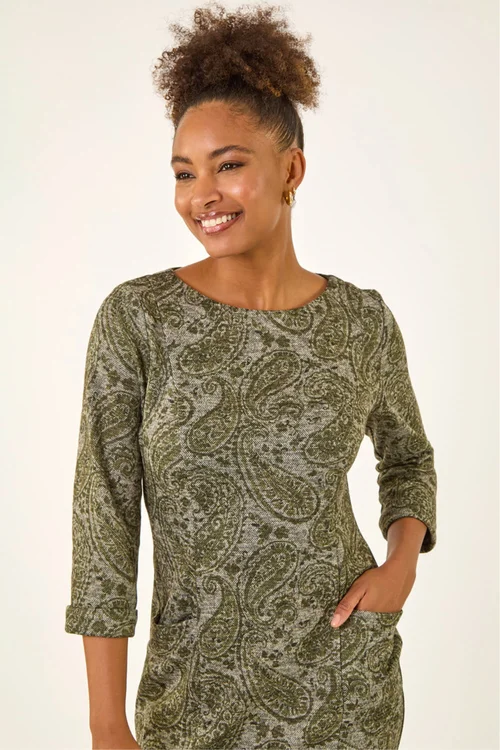 Roman Olive Paisley Print Pocket Shift Stretch Dress - Size 10 Image 4