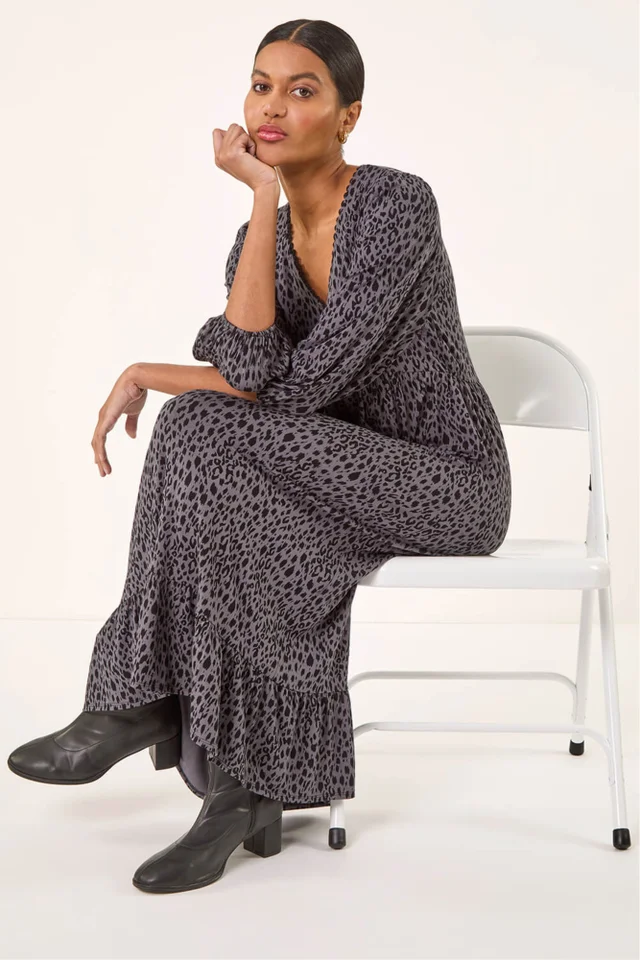 Roman Grey Animal Print Lace Trim Stretch Dress