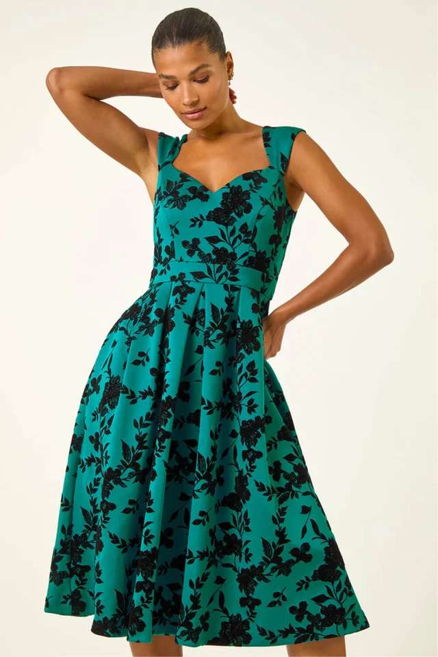 Roman Teal Glitter Floral Flocked Premium Stretch Dress
