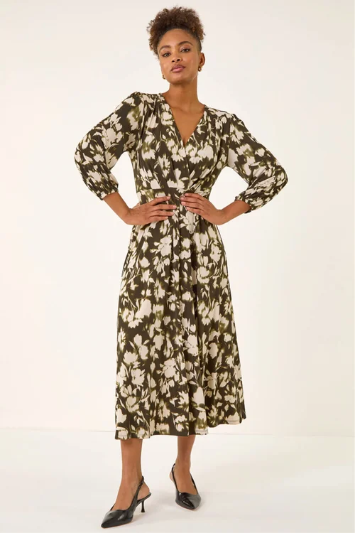 Roman Khaki Abstract Floral Midi Dress - 18 Image 2