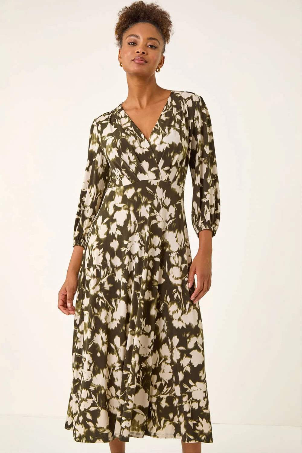 Roman Khaki Abstract Floral Midi Dress - 18 Image 4